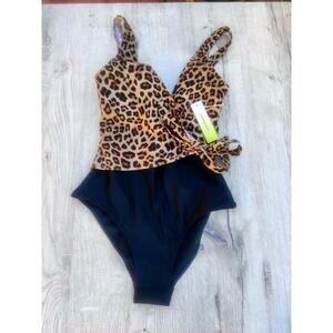 Leopard Print One Piece Swimsuit flattering Black Wrap Tie Bathing Suit Sz 6